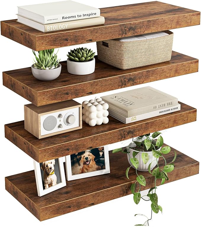 Fixwal 15.8in Wall Shelves, Rustic Wood Finish Floating Shelves Set of 4, Shelves for Wall Decor, with Invisible Brackets for Bathroom, Living Room,Bedroom and Kitchen(Rustic Brown) | Wall Shelves, for Bathroom, Living Room, Bedroom, Kitchen