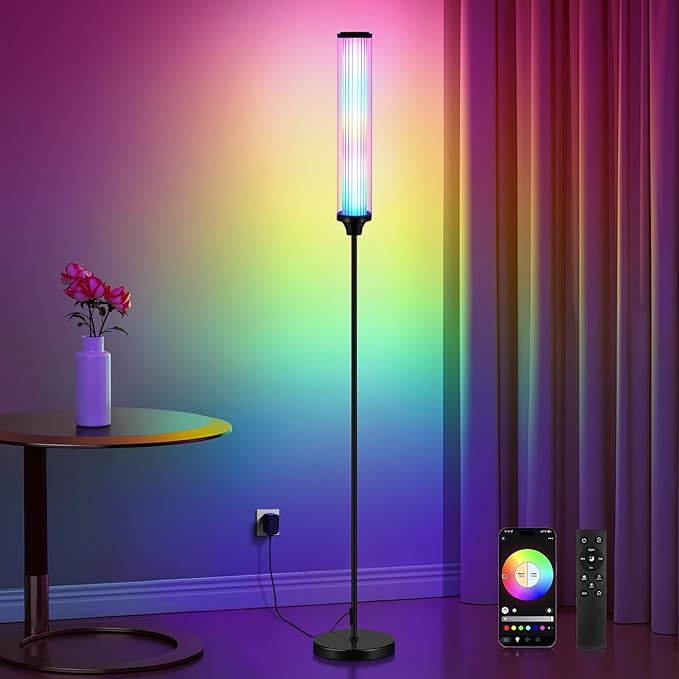 FRIDEKO HOME Floor Lamp, Smart RGBCW LED Color Changing Ambient Lighting for Living Room & Gaming Decor, Standing Lamp with App & Remote Control, Tall Corner Lamp for Bedroom, 12W 1500LM, Black