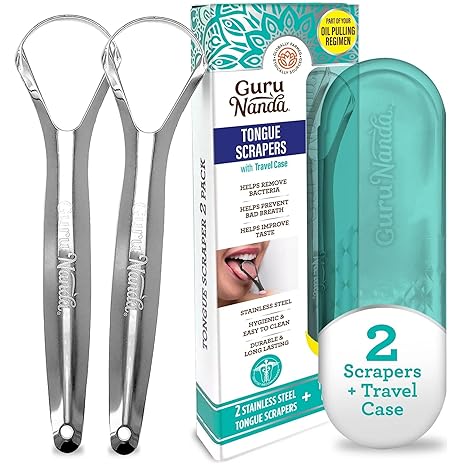 GuruNanda Tongue Scraper for Adults (2 Pack) with Travel Case, 420 Medical-Grade 100% Stainless Steel Tongue Cleaner, Aids in Fresh Breath & Oral Care