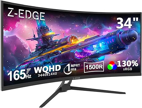 Z-Edge 34" Curved Gaming Monitor, WQHD 1440P 165Hz 144Hz PC Monitor, MPRT 1ms, 21:9 Aspect Ratio, 1500R, 16.7M Colors, 3000:1 Contrast, UG34 Frameless Bezel, 2X DP 1.4 Ports and 2X HDMI 2.0 Port