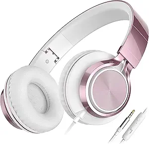 AILIHEN C8 Wired Headphones with Mic & Volume Control - Noise Isolating On-Ear Headphones for Girls School, Plug in Corded 3.5mm Headsets for Chromebook Laptop Computer PC Tablets Travel (Rose Gold)