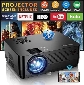 Projector with 5G WiFi and Bluetooth, Native 1080P Projector[Projector Screen Included], Full HD 18000LM Movie Projector, 100" Display Home Theater, Compatible with Phone/Laptop/TV Stick